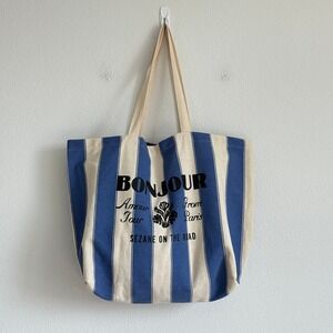 Sezane Amour Tour Bonjour Paris Canvas Tote Bag Blue Cream Striped On Road
